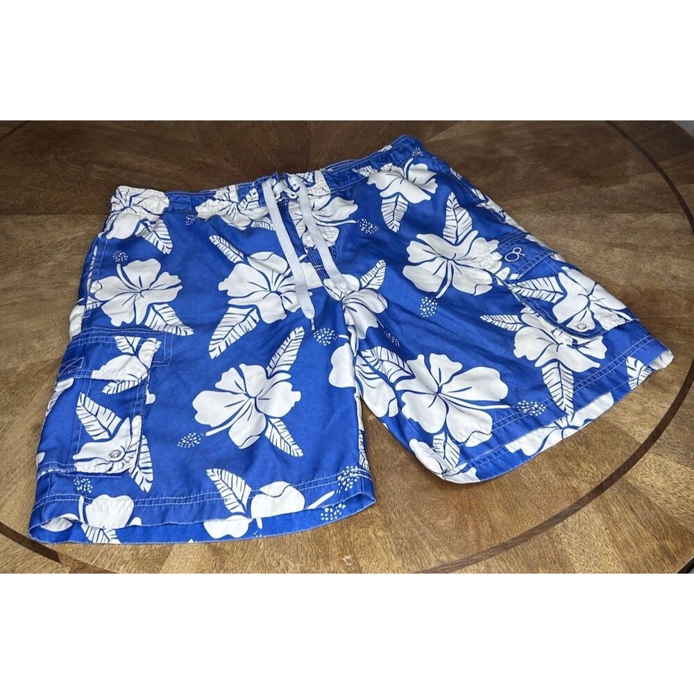 OP Blue White Hawaiian Floral Swim Trunks Mens Med 32-34 Board Shorts Mesh Lined